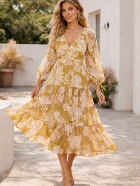 ASOS DESIGN Boho Tiered Midi Dress Floral Sheer Overlay Tie Back Flowy Sz 8 NWT